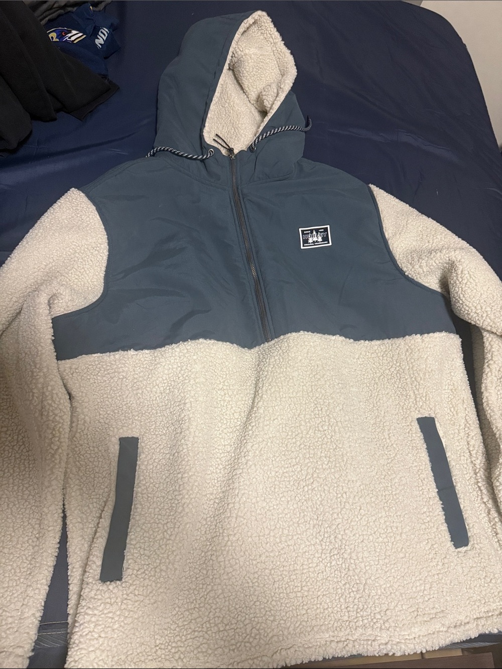 Hurley Cream Sherpa Fleece Hoodie with Blue Trim